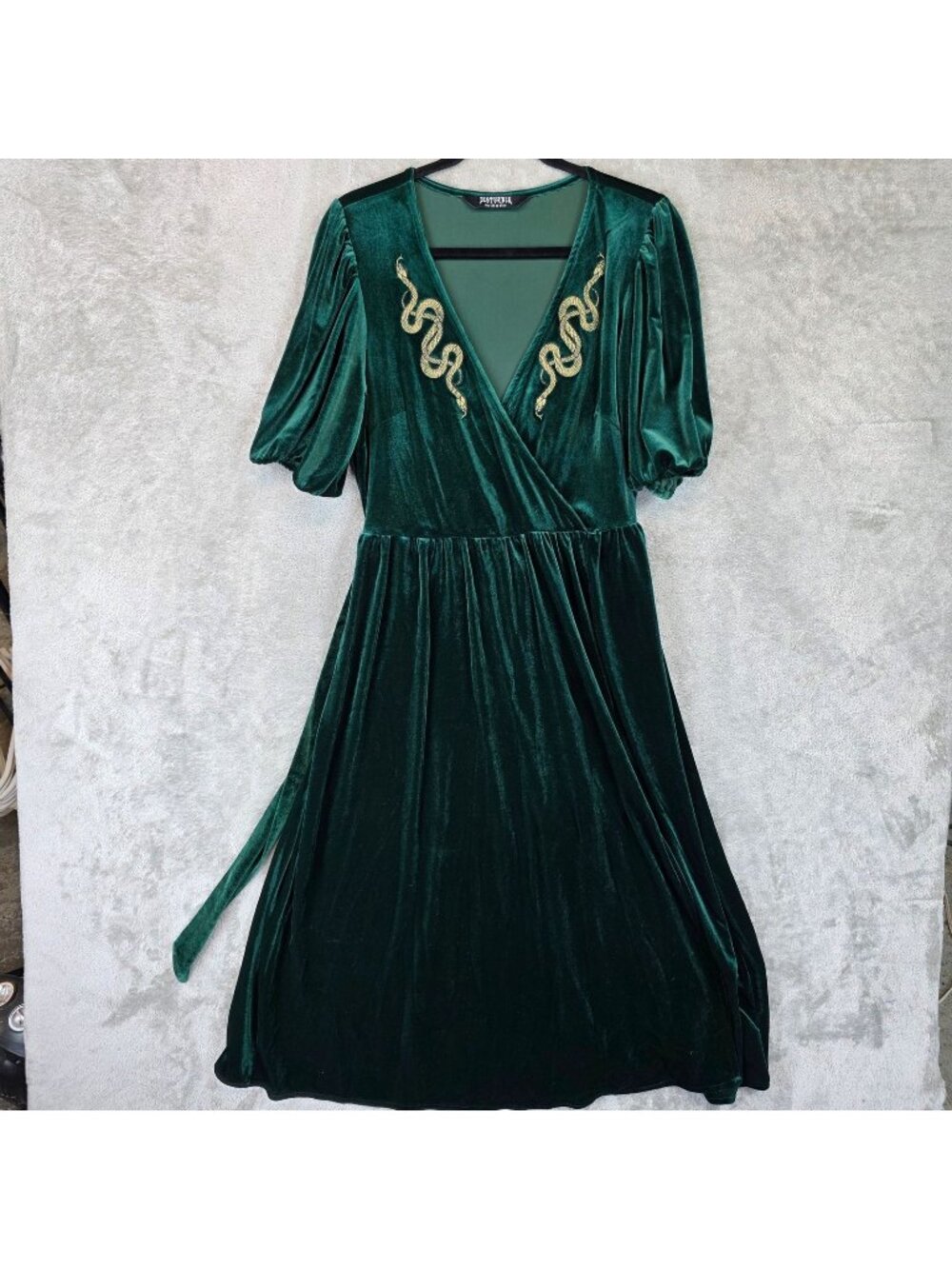 Disturbia Dress Womens 8 Green Velvet V Neck Snake Embroidered Wrap Maxi Gothic
